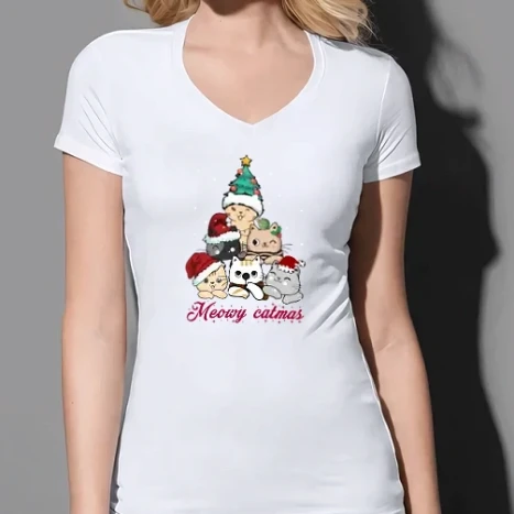 Női prémium V-nyakú póló - Meowy Catmas
