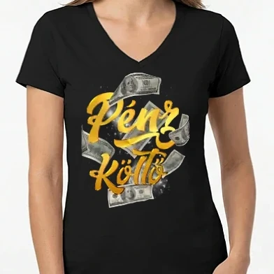 Női V-nyakú póló - Pénz költő páros minta