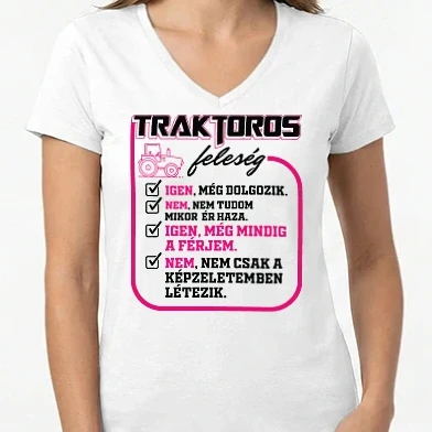 Női V-nyakú póló - Feleség traktoros pink