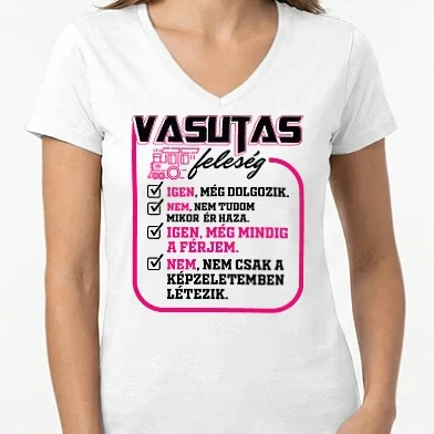 Női V-nyakú póló - Feleség vasutas pink