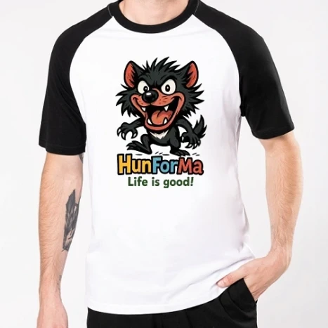 Férfi Baseballpóló - HunForMa – „Life Is Good!” | Vidám Farkas Karakter Pólóra és Ajándékra