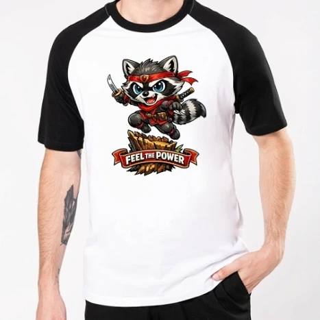 Férfi Baseballpóló - Mosómedve Harcos – „Feel the Power” | Cuki Ninja Állat Grafika Pólóra és Ajándékra