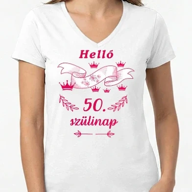 Női V-nyakú póló - Helló 50. szülinap pink