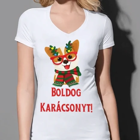 Női prémium V-nyakú póló - Boldog Karácsonyt - Corgi