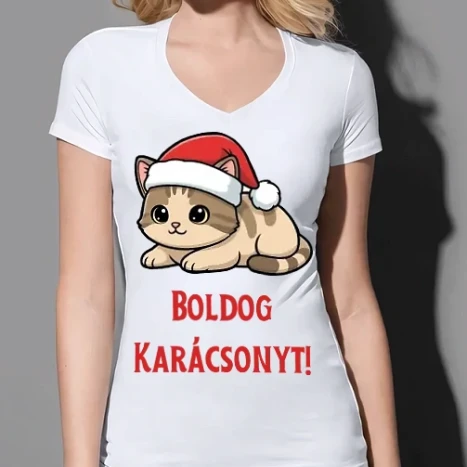 Női prémium V-nyakú póló - Boldog Karácsonyt - cica