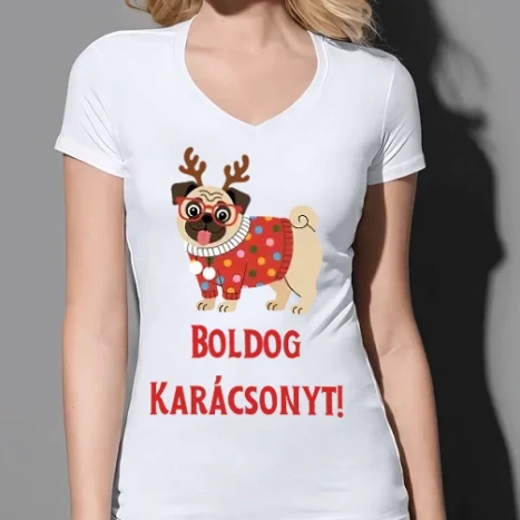 Női prémium V-nyakú póló - Boldog Karácsonyt - mopsz
