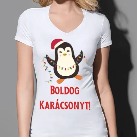 Női prémium V-nyakú póló - Boldog Karácsonyt - Pingvin