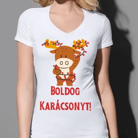 Női prémium V-nyakú póló - Boldog Karácsonyt - szarvas égősorral