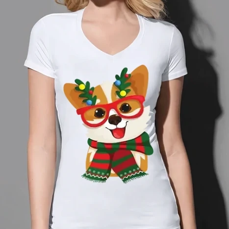 Női prémium V-nyakú póló - Karácsonyi corgi