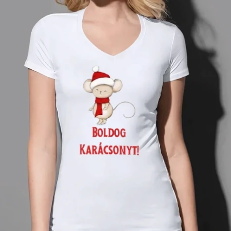 Női prémium V-nyakú póló - Boldog Karácsonyt - kisegér