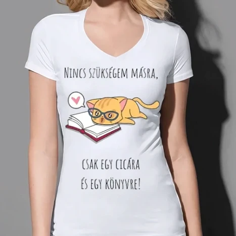 Női prémium V-nyakú póló - Nincs szükségem másra, csak egy cicára és egy könyvre