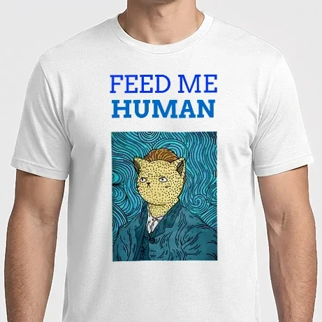 Férfi Imperial póló - Feed me human-Etess meg ember, éhes cica Van Gogh stílusú klasszikus festményen