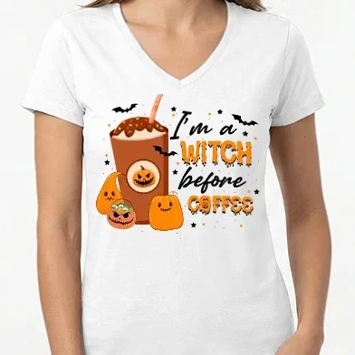 Női V-nyakú póló - I'm a witch before coffee