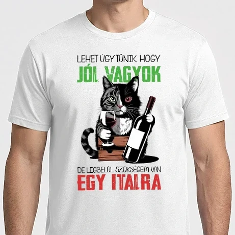 Férfi Imperial póló - Jól vagyok egy italra Macska fehér alapra