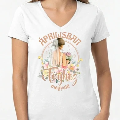 Női V-nyakú póló - Férjhez megyek floral bézs ÁPRILIS