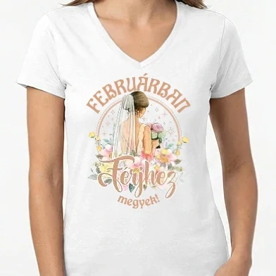 Női V-nyakú póló - Férjhez megyek floral bézs FEBRUÁR