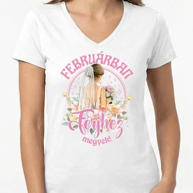 Női V-nyakú póló - Férjhez megyek floral pink FEBRUÁR