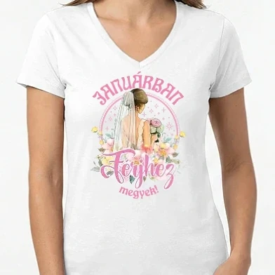 Női V-nyakú póló - Férjhez megyek floral pink JANUÁR