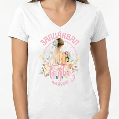 Női V-nyakú póló - Férjhez megyek floral világos pink JANUÁR