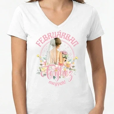 Női V-nyakú póló - Férjhez megyek floral világos pink FEBRUÁR