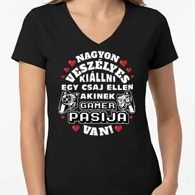 Női V-nyakú póló - Veszélyes gamer szerelem csaj